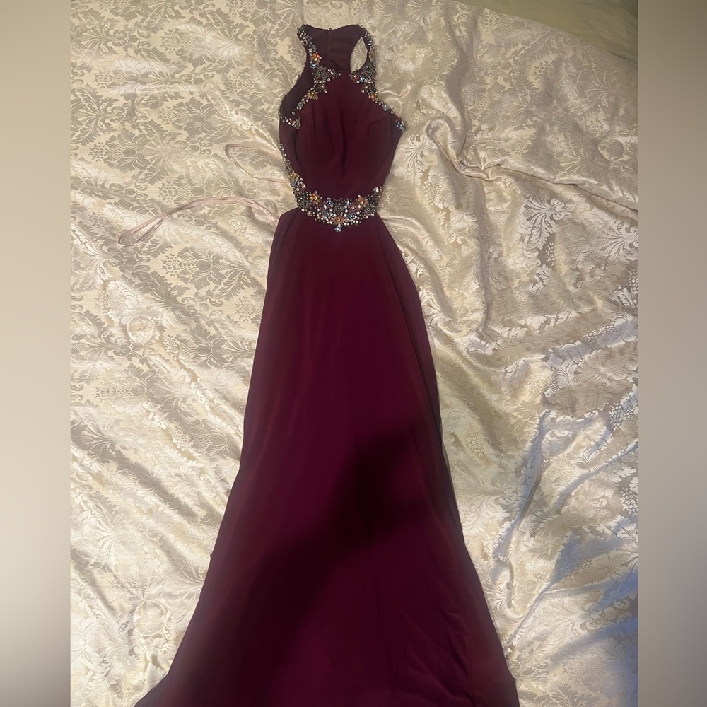 Faviana Glamour Burgundy Gown with Embellished Details